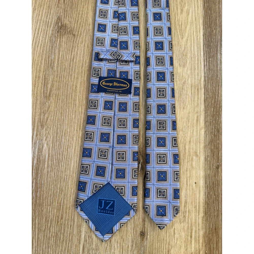 JZ Boulder Silk Tie Mens Blue Gold Geometric Medallion‎ Hand Made USA